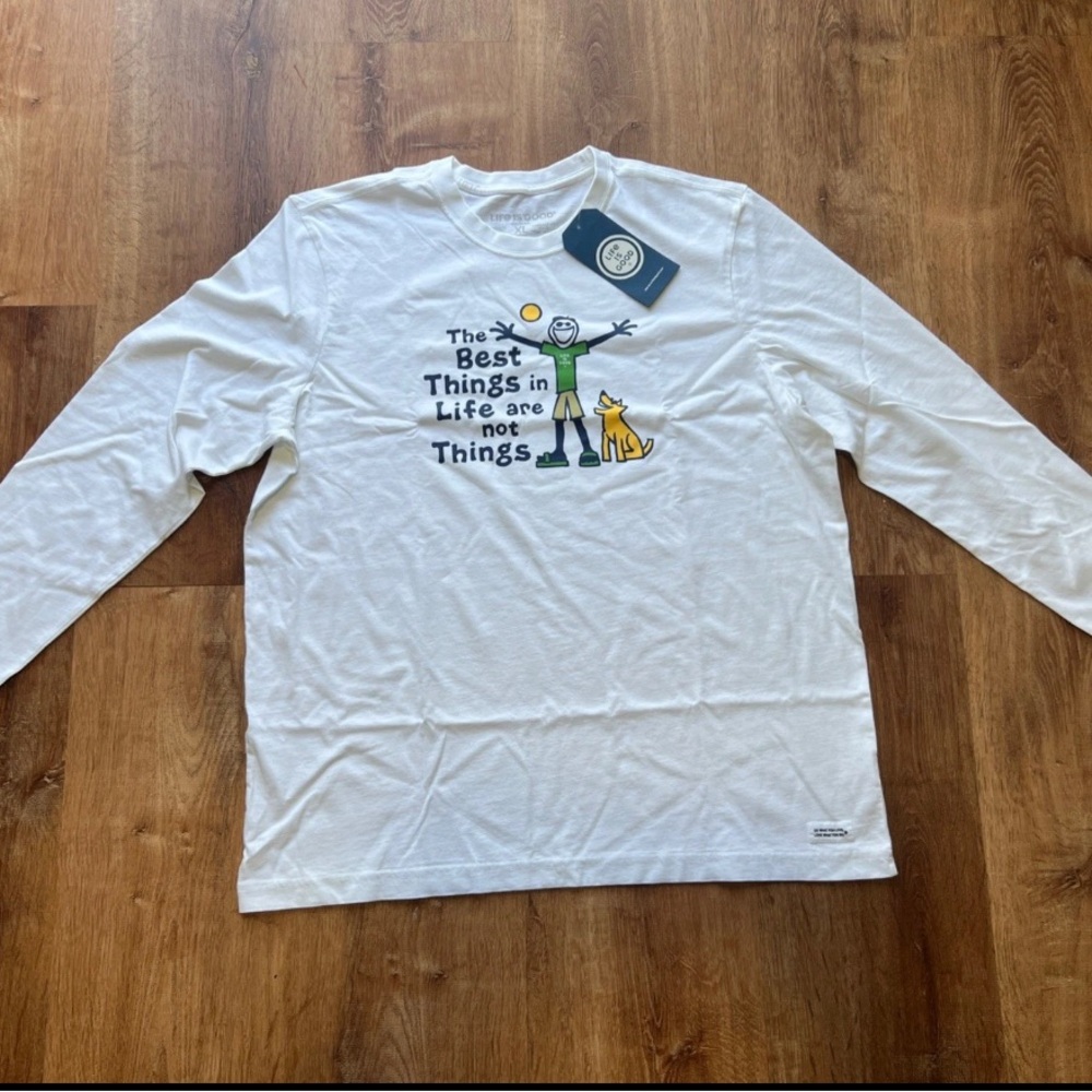 Life is Good Shirt Mens XL White Long Sleeve Crusher Jake & Rocket Graphic Quote